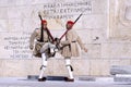 Back of the Evzone soldiers at the post near the grave of the unknown soldier in Athens on Syntagmatos Square,