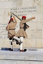 Back of the Evzone soldiers at the post near the grave of the unknown soldier in Athens on Syntagmatos Square Royalty Free Stock Photo