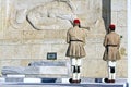 Back of the Evzone soldiers at the post near the grave of the unknown soldier in Athens on Syntagmatos Square,