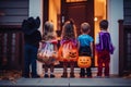 Back of five kindergarten children in fancy dress trick or treat at neighbour house front door on Halloween. Generative AI