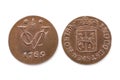 Back and front of a VOC coin from 1789 on white background Royalty Free Stock Photo