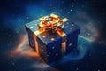 Back gift box with golden ribbon bow and confetti on dark background with lights and sparkles Royalty Free Stock Photo