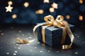 Back gift box with golden ribbon bow and confetti on dark background with lights and sparkles Royalty Free Stock Photo