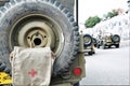 Back of historic military vehicle with first aid kit attached to the wheel at `D-day Hel` a historical reenactment festival in H