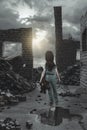 Back of homeless girl with teddy bear in the hand in front of damaged house walls