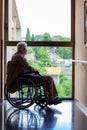 Back light silhouette of old man in wheelchair looking at window