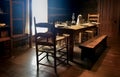 Back lit interior of a rustic farmhouse dining room