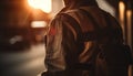 Back lit military jacket walking under street light at night generated by AI