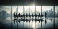 Back lit photo of business people in conference room standing sitting window city