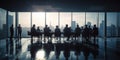 Back lit photo of business people in conference room standing sitting window city