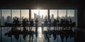 Back lit photo of business people in conference room standing sitting window city