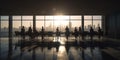 Back lit photo of business people in conference room standing sitting window city