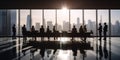 Back lit photo of business people in conference room standing sitting window city