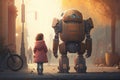 Little girl and robot in city, Little girl talking with robot on city street, android and child having a conversation