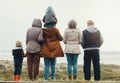 Back, love and family on beach, morning and quality time for break, vacation and cheerful together. Grandparents, mother