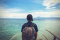 Back of male backpacker standing at the edge of coastline beach