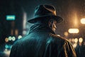 back of a male detective in a raincoat and hat in a noir-style night city Royalty Free Stock Photo