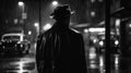 back of male detective spy in hat and coat on street at night in rain in noir style. Generative AI Royalty Free Stock Photo