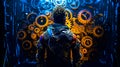 The back of man standing in front of wall with gears on it. Generative AI