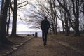 Back of a man walking on a path through forest to the sea.