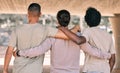 Back, men and friends hug, fitness and bonding after training, workout or exercise for wellness. Males, athletes or guys Royalty Free Stock Photo