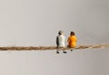 The back of a miniature elderly couple sitting on a rope.