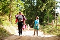 Back of mother with three kids walking on wood mountains. Family travel and hiking with childrens Royalty Free Stock Photo