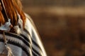 Back of native indian american woman walking in mountains in eve Royalty Free Stock Photo