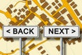 Back and next about building activity - concept image with road sign against an imaginary cadastral map of territory Royalty Free Stock Photo