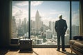 The back of old business man looking city view from office with boxs and briefcase, generative AI Royalty Free Stock Photo