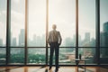 The back of old business man in office look forward to city and skyscraper, generative AI Royalty Free Stock Photo