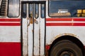 Back old door of the white bus. texture of old paint on the bus. an old white bus Royalty Free Stock Photo
