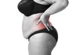 Back pain, fat woman with backache, overweight female body isolated on white background Royalty Free Stock Photo