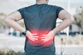 Back pain, red fitness and man running exercise or sports injury, emergency and healthcare risk. Medical, spine and Royalty Free Stock Photo