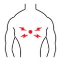 Back pain thin line icon, body and pain, back injure sign, vector graphics, a linear pattern on a white background.