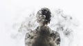 back of person surrounded by smoke on white background