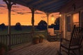 back porch of a farmhouse at dusk, magazine style illustration Royalty Free Stock Photo