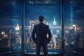 Ambition concept with confident businessman on the top of building and looking on futuristic city skyscrapers