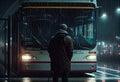 Back portrait of unidentified male tourist waiting for coming bus at bus stop.