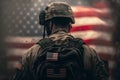 Rear portrait of a US soldier and united states flag. Generative ai