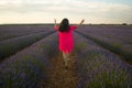 Back portrait of young happy and beautiful woman in Summer dress enjoying nature running free and playful outdoors at purple Royalty Free Stock Photo