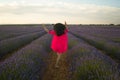 Back portrait of young happy and beautiful woman in Summer dress enjoying nature running free and playful outdoors at purple Royalty Free Stock Photo