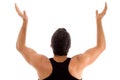 Back pose of man with raised arms