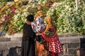 Three young Indian muslim girls wearing colourful hijabs