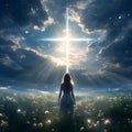 Back  rare view of women standing in flower field  Cross or crusifix God ray light   cloud sky glittering star , AI Generated Royalty Free Stock Photo