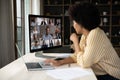 Happy young african american woman holding video conference meeting. Royalty Free Stock Photo