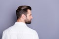 Back rear spine profile side photo of minded pensive macho guy look copyspace have skincare beard spa salon treatment