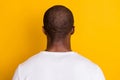 Back rear spine view photo of afro american guy worker stand head hide his personality wear good look clothes isolated