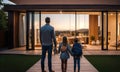 back, rear view of family with two 2 kids, children 3 three persons standing looking of new illuminated modern futuristic house Royalty Free Stock Photo