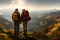 back, rear view of mature mature Couple. backpacker man, woman hikers on top of mountain, enjoying climbing. seniors, older Royalty Free Stock Photo